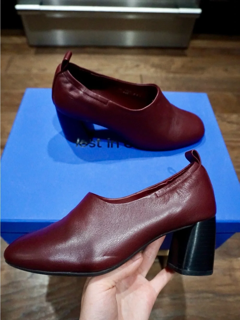 Elegant Burgundy Genuine Leather Square Toe Block Heel Pumps US 4 but Fit US 5
